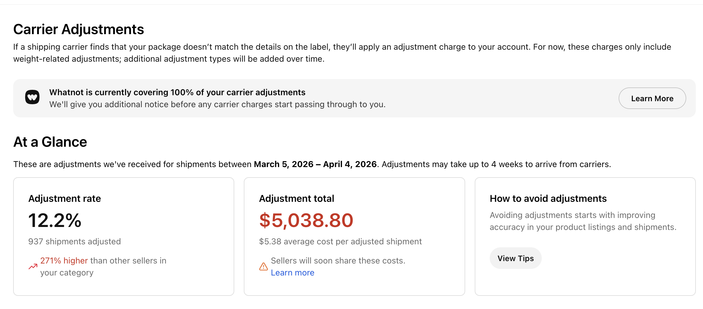 Whatnot carrier adjustments dashboard showing $5,038.80 adjustment total in 30 days